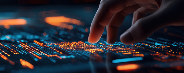 Close-up of hand interacting with futuristic digital interface, representing advanced technology, innovation, and data visualization.