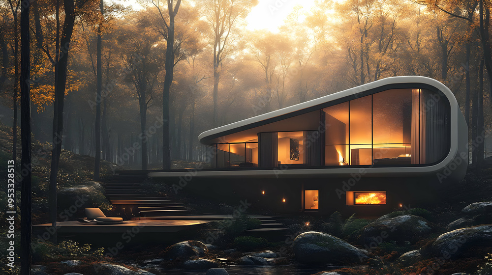 Poster Modern house with curved architecture nestled in a misty forest.