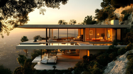 Fototapeta premium Modern house with infinity pool overlooking a city at sunset.