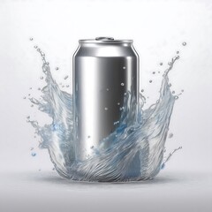 Blank aluminum 280 ml soda can with water drops splash mockup view on white background