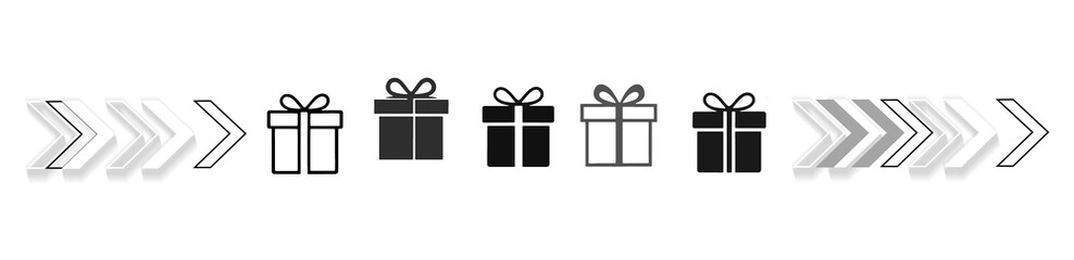 Christmas gifts as flat-style silhouette outline, gift boxes as Christmas presents, isolated, festive symbol icon design background, black and white, white silhouette arrow as rightwards-arrows, 