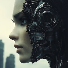 Futuristic Woman Morphing Into A Cyborg In Urban Landscape