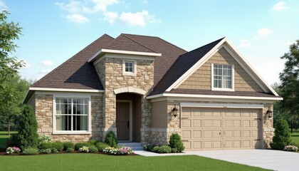 Fototapeta premium Elegant Two-Story House with Stone Cladding and Manicured Lawn - Perfect for Real Estate and Architectural Photography
