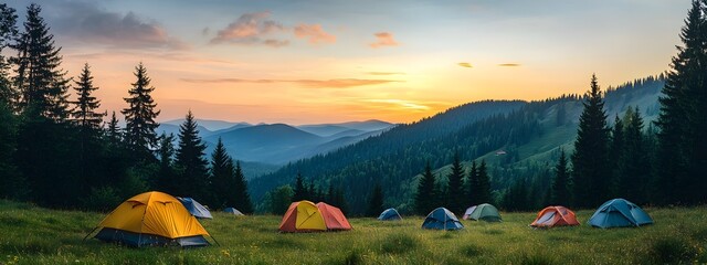 Camping in the mountains, tents set up directly behind a grassy meadow with a forest in the background, a clear sky, a beautiful landscape, a nature view from the camping site near a small village
