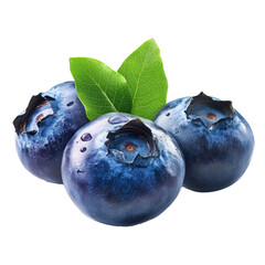 Obraz premium Juicy blueberries are presented on a clean PNG surface, accentuated by fresh green leaves for a vibrant look, blueberries isolated on PNG