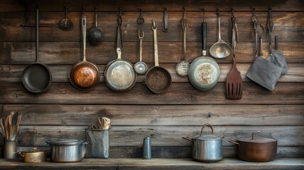 A collection of antique kitchen utensils hanging on a wooden wall, creating a rustic, homely atmosphere.