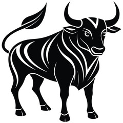 Fototapeta premium Black silhouette of a powerful bull with strong horns in aggressive minimalist side view