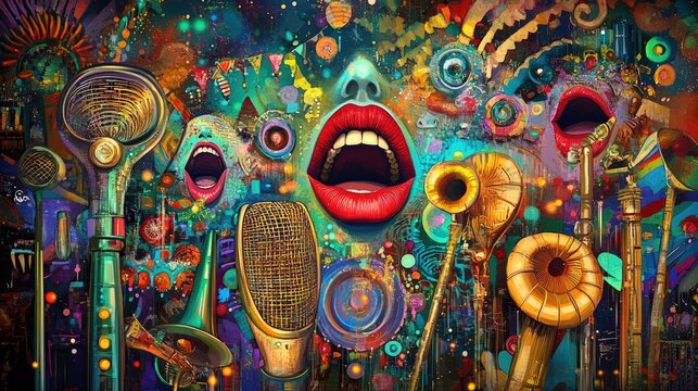 A vibrant collage of musical instruments and expressive mouths, celebrating sound and creativity.