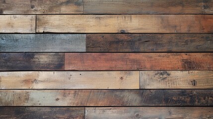 Naklejka premium A rustic wooden plank wall with varying shades of brown and natural textures, ideal for vintage and farmhouse designs