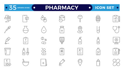 Medical and pharmacy line icons collection. Big UI icon set in a flat design. Thin outline icons pack. Editable stroke outline icon. 