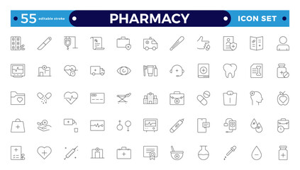 Medical and pharmacy line icons collection. Big UI icon set in a flat design. Thin outline icons pack. Editable stroke outline icon. 