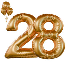 28 Golden number helium balloons isolated background. Realistic foil and latex balloons.