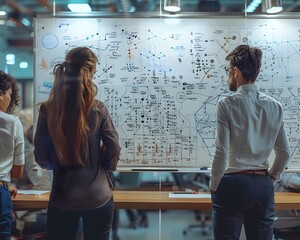 Quantum Computing Research Team Brainstorming on Digital Whiteboard with Equations and Theories in Modern Office Setting