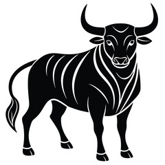 Fototapeta premium Black silhouette of a powerful bull with strong horns in aggressive minimalist side view