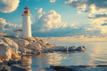 White lighthouse standing on rocky coastline at sunset © alphaspirit