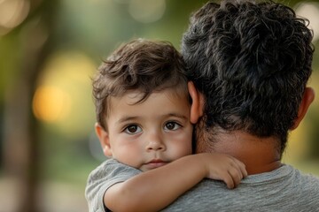 Latin American dad carries his 3 year old son in his arms in the park. Close up shot. Family and father's day concept, Generative AI