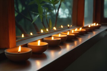 Row of traditional diwali oil lamps burning brightly on a window sill, creating a warm and inviting atmosphere