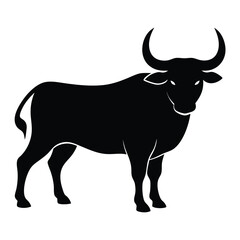 Black and white stylized illustration of a strong bull with curved horns in woodcut style