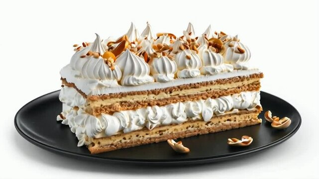 A Dacquoise cake, showcasing the layers of nut meringue and creamy filling, isolated on white background