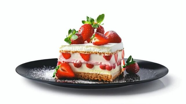 A Fraisier cake, the layers of genoise sponge, cr&egrave;me mousseline, and fresh strawberries, topped with a thin layer of marzipan, isolated on white background