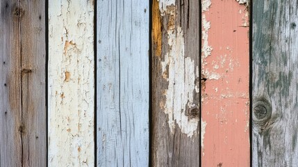 Close-up of weathered wooden boards with peeling paint and natural grain patterns, perfect for rustic-themed backgrounds.