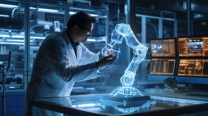 A man in a lab coat and glasses interacting with a holographic 3D model of a robotic arm on a transparent table in a modern.