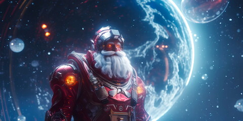 Santa Claus in a futuristic space suit, surrounded by cosmic elements, blending the magic of Christmas with a touch of science fiction.