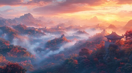 Fototapeta premium Ancient Chinese architecture atop a mountain range with fog, golden hour sky, and autumn foliage.
