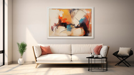 Abstract Painting in White Frame Above White Sofa