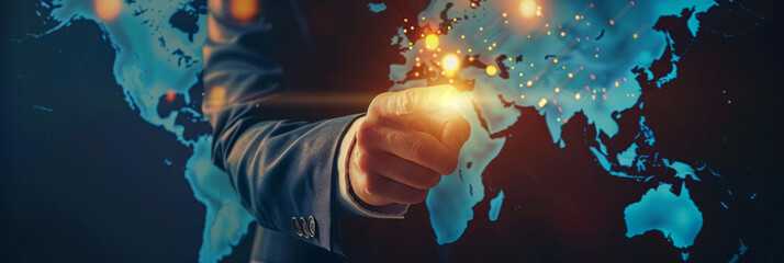 Businessman pressing a button, triggering a wave of positive change across a digital world map, ethical practices theme