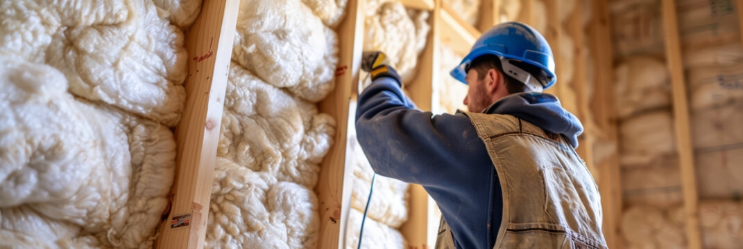 A worker fitting batts of cotton wool insulation between the studs of a new wall frame.