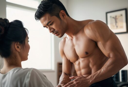 A male personal trainer consulting with a female client, discussing fitness goals in a modern gym setting.