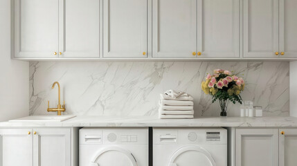 Elegant laundry room with marble countertops and gold accents, Laundry room, Luxurious and functional design