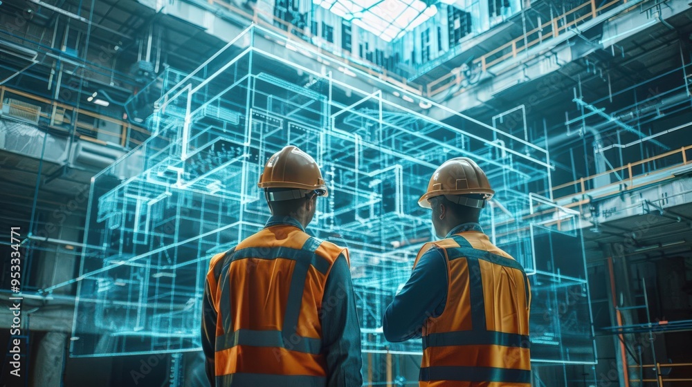 Wall mural a professional construction team using augmented reality to visualize the building process onsite, i