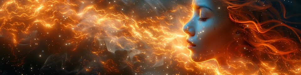 Panoramic banner with Woman with fiery hair is bathed in cosmic energy, symbolizing passion, power, and the beauty of the universe. The image evokes a sense of transformation and spiritual connection