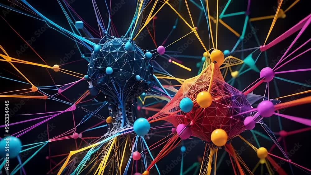 Poster vibrant 3d animation of neural network for artificial intelligence and deep learning
