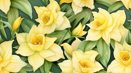 Elegant yellow daffodil flowers with lush green leaves on a soft, watercolor background creating a seamless pattern with a vintage luxury design