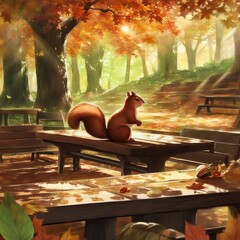 A cute squirrel sit on a wooden bench in an autumn forest small animal peaceful background