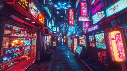 Naklejka premium A dimly lit, narrow urban alleyway filled with an abundance of neon signs and lights. The signs are predominantly in East Asian script, with vivid colors such as red, pink, blue, and green illuminatin