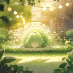 fairy tale princess in a green garden with white lighting fantasy whimsical outdoor background