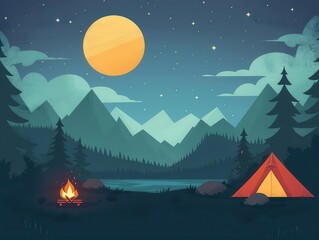 Fototapeta premium Camping scene, tents and campfire, flat design illustration