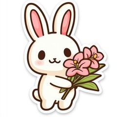 Obraz premium Cute Cartoon Bunny Holding Flowers