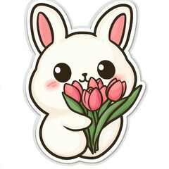 Obraz premium Cute Cartoon Bunny Holding Tulips