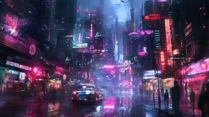 The image portrays a vivid cyberpunk cityscape, drenched in neon lights reflecting off rain-soaked streets. Skyscrapers towering into the night sky are adorned with glowing signs in various languages,