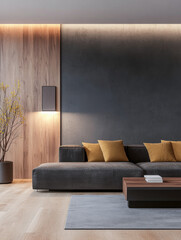 Modern minimalist living room interior with futuristic led warm hue lighting