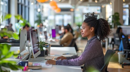 Professionals working in a collaborative open office space, modern work environment