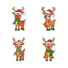 4 icon set of Reindeer wear a Christmas hat and a scarf vector illustration.