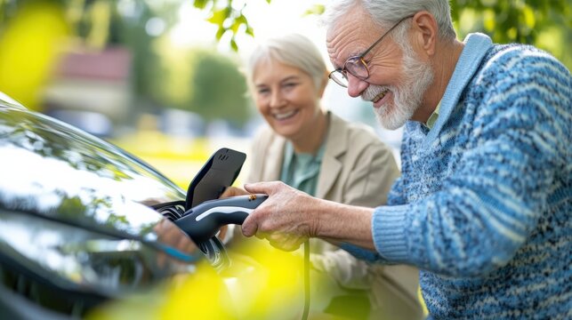 Elderly couple using home EV charger, intergenerational tech adoption, electric vehicle charger, inclusive and modern technology