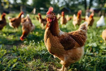 Fototapeta premium A group of chickens roaming freely in a lush green meadow, suitable for rural or farm-themed projects