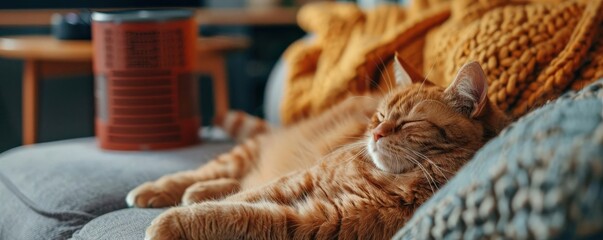 Air purifier with a petfriendly setting, cat lounging on sofa, harmonious home environment
